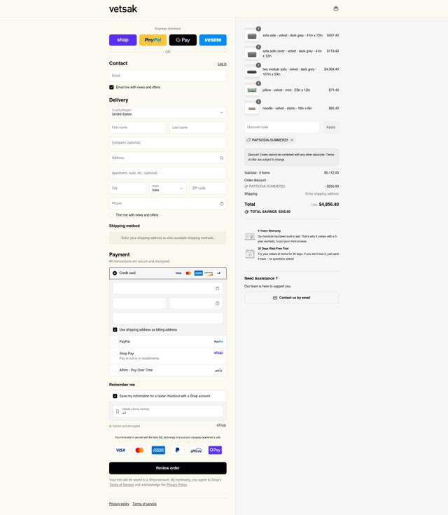 vetsak checkout page showing vetsak discount code box | Screenshot taken by SimplyCodes community member on Sep 7, 2025