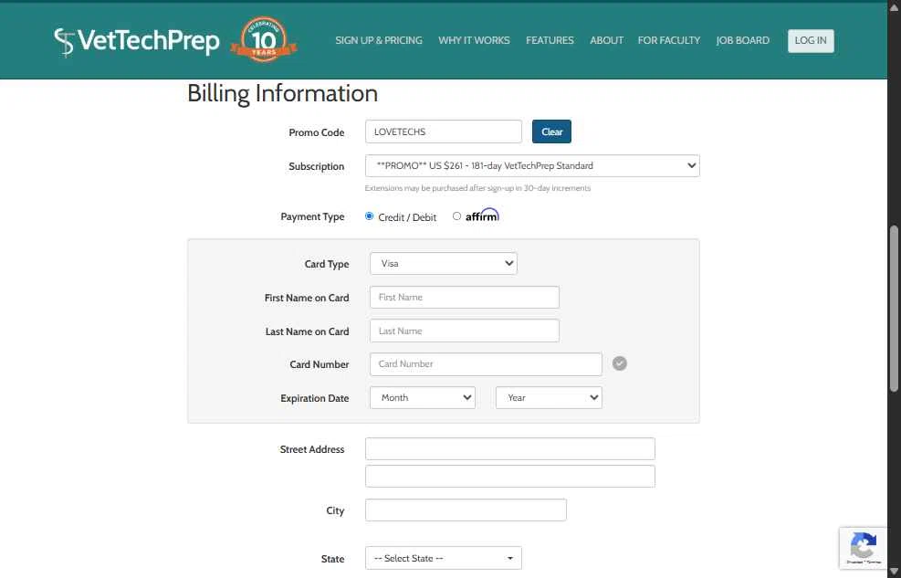 VetTechPrep checkout page showing VetTechPrep promo code box | Screenshot taken by SimplyCodes community member on Oct 17, 2025