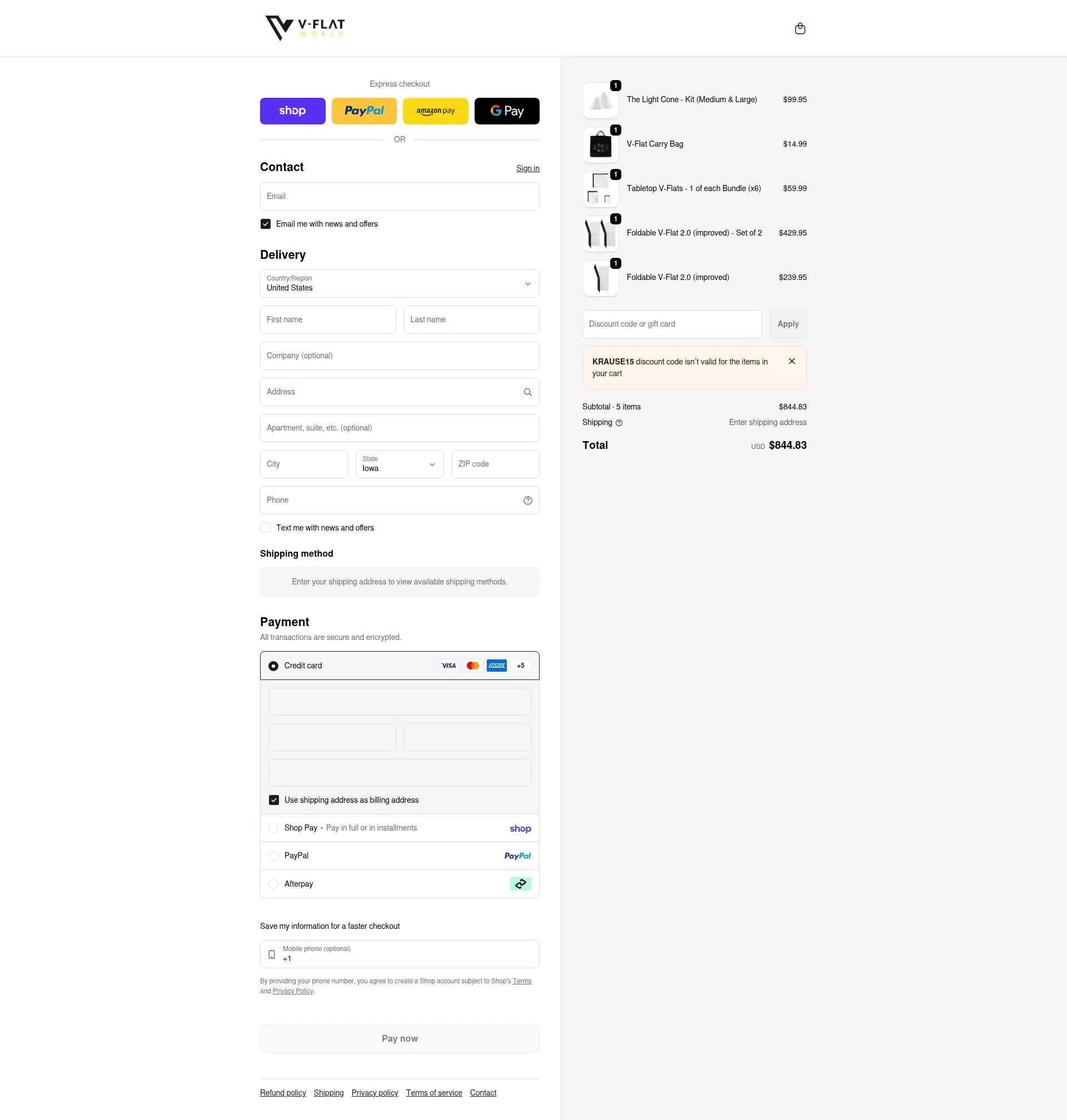 V-Flat World checkout page showing V-Flat World promo code box | Screenshot taken by SimplyCodes community member on Feb 9, 2026