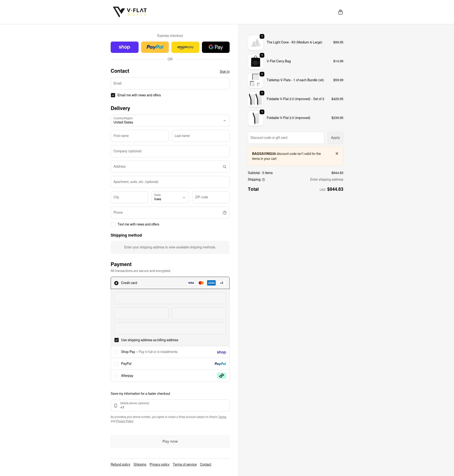 V-Flat World checkout page showing V-Flat World promo code box | Screenshot taken by SimplyCodes community member on Feb 9, 2026