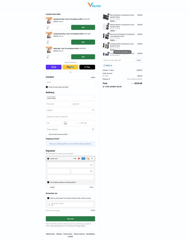 Viasox checkout page showing Viasox discount code box | Screenshot taken by SimplyCodes community member on Aug 31, 2025