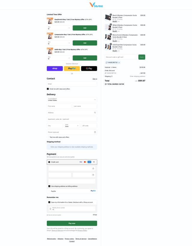 Viasox checkout page showing Viasox discount code box | Screenshot taken by SimplyCodes community member on Sep 12, 2025