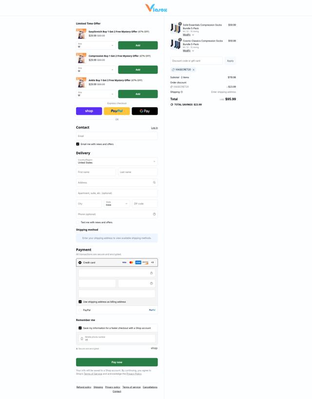 Viasox checkout page showing Viasox discount code box | Screenshot taken by SimplyCodes community member on Sep 4, 2025