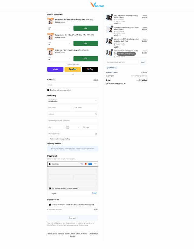 Viasox checkout page showing Viasox discount code box | Screenshot taken by SimplyCodes community member on Sep 12, 2025