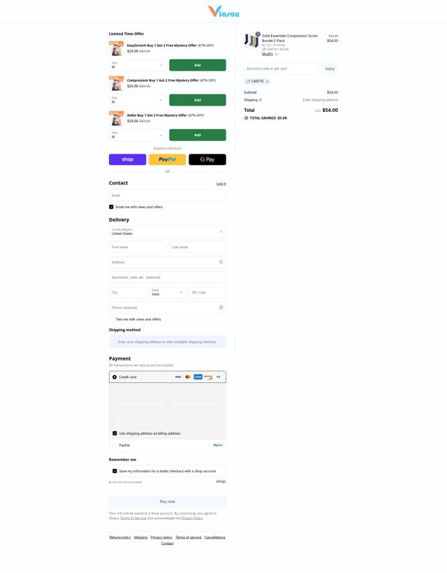 Viasox checkout page showing Viasox discount code box | Screenshot taken by SimplyCodes community member on Sep 8, 2025