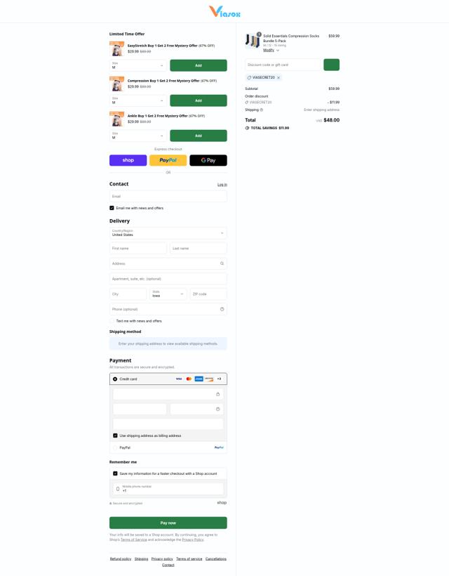 Viasox checkout page showing Viasox discount code box | Screenshot taken by SimplyCodes community member on Sep 8, 2025
