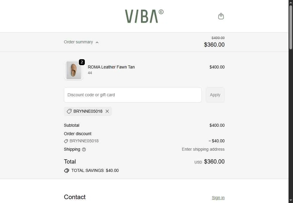 VIBAe checkout page showing VIBAe discount code box | Screenshot taken by SimplyCodes community member on Oct 13, 2025