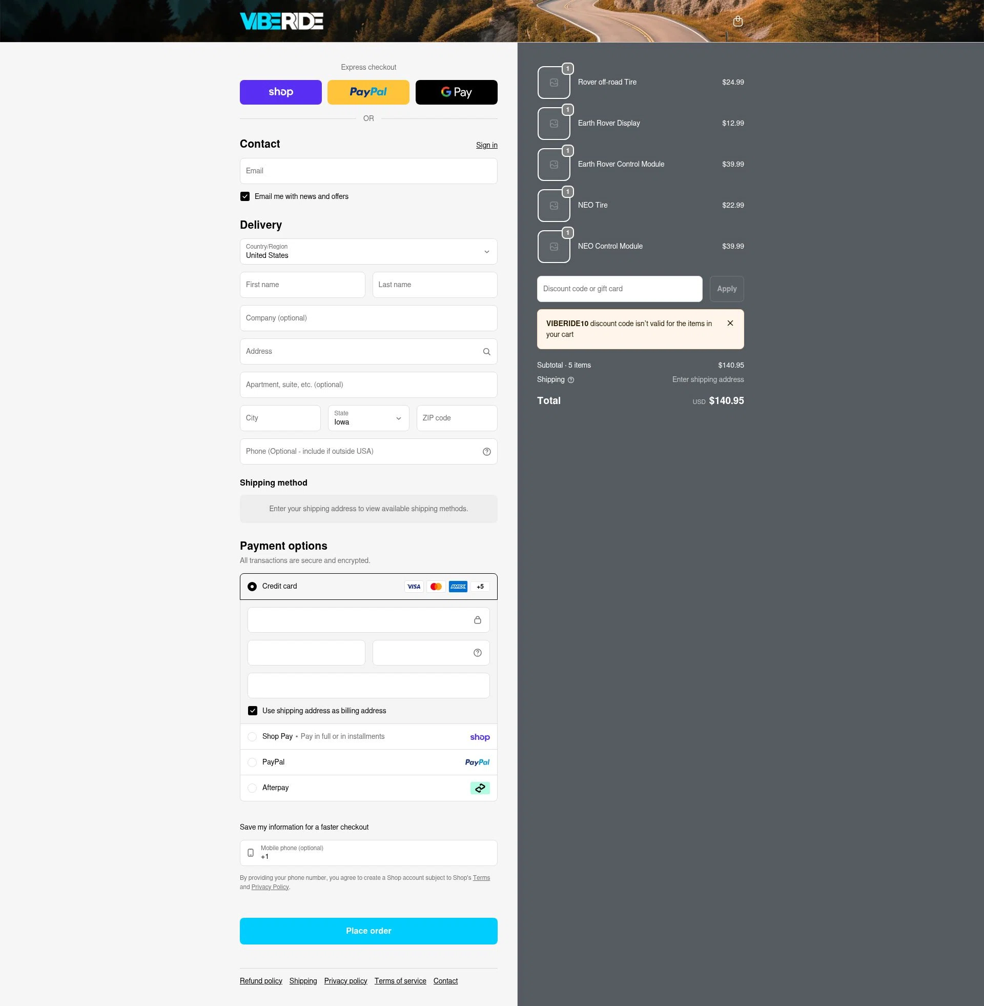 VibeRide checkout page showing VibeRide discount code box | Screenshot taken by SimplyCodes community member on Feb 14, 2026
