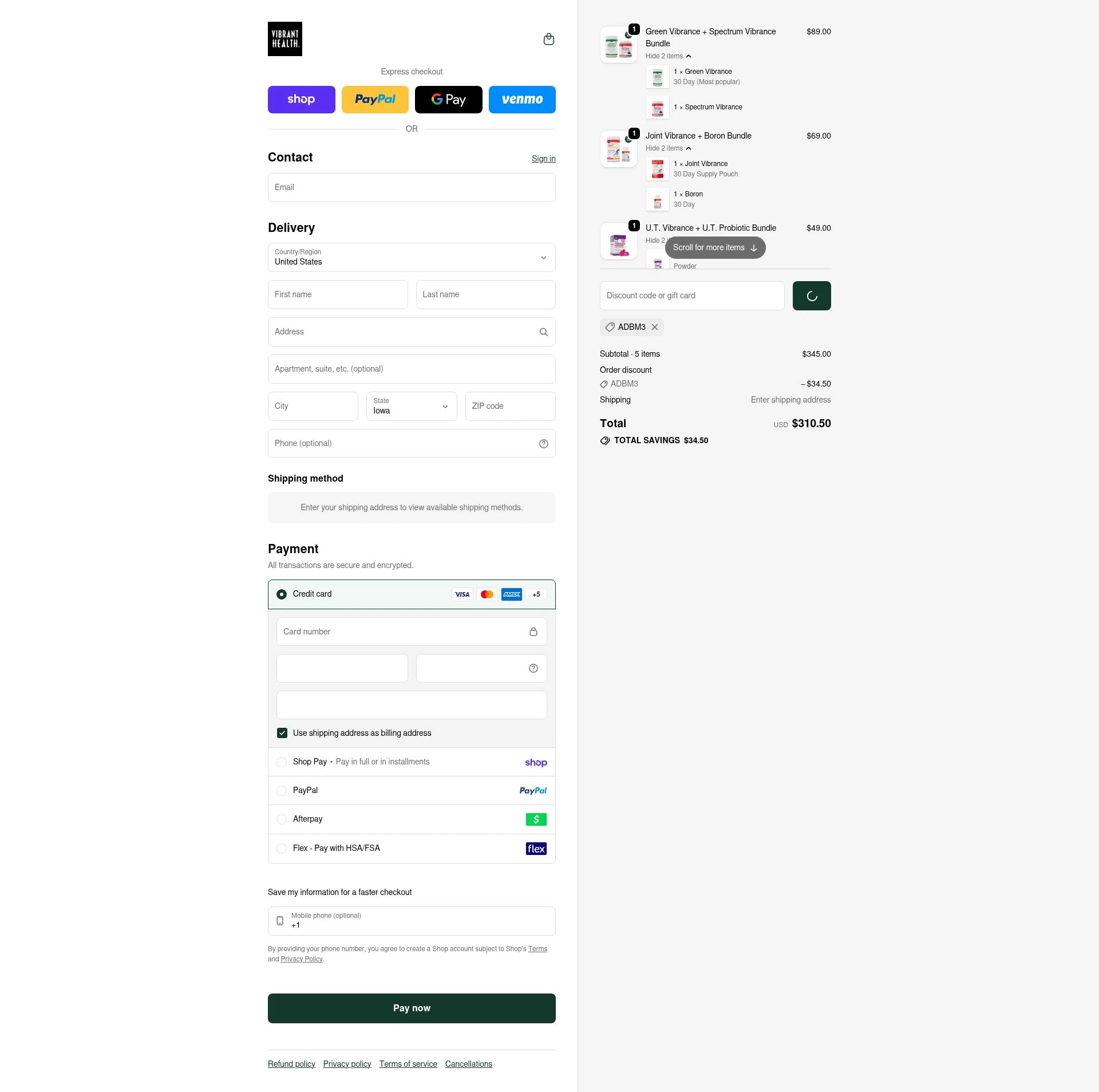 Vibrant Health checkout page showing Vibrant Health discount code box | Screenshot taken by SimplyCodes community member on Feb 10, 2026