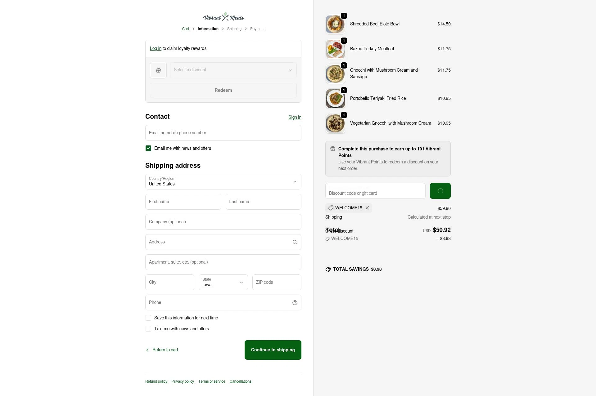 Vibrant Meals checkout page showing Vibrant Meals discount code box | Screenshot taken by SimplyCodes community member on Feb 1, 2026