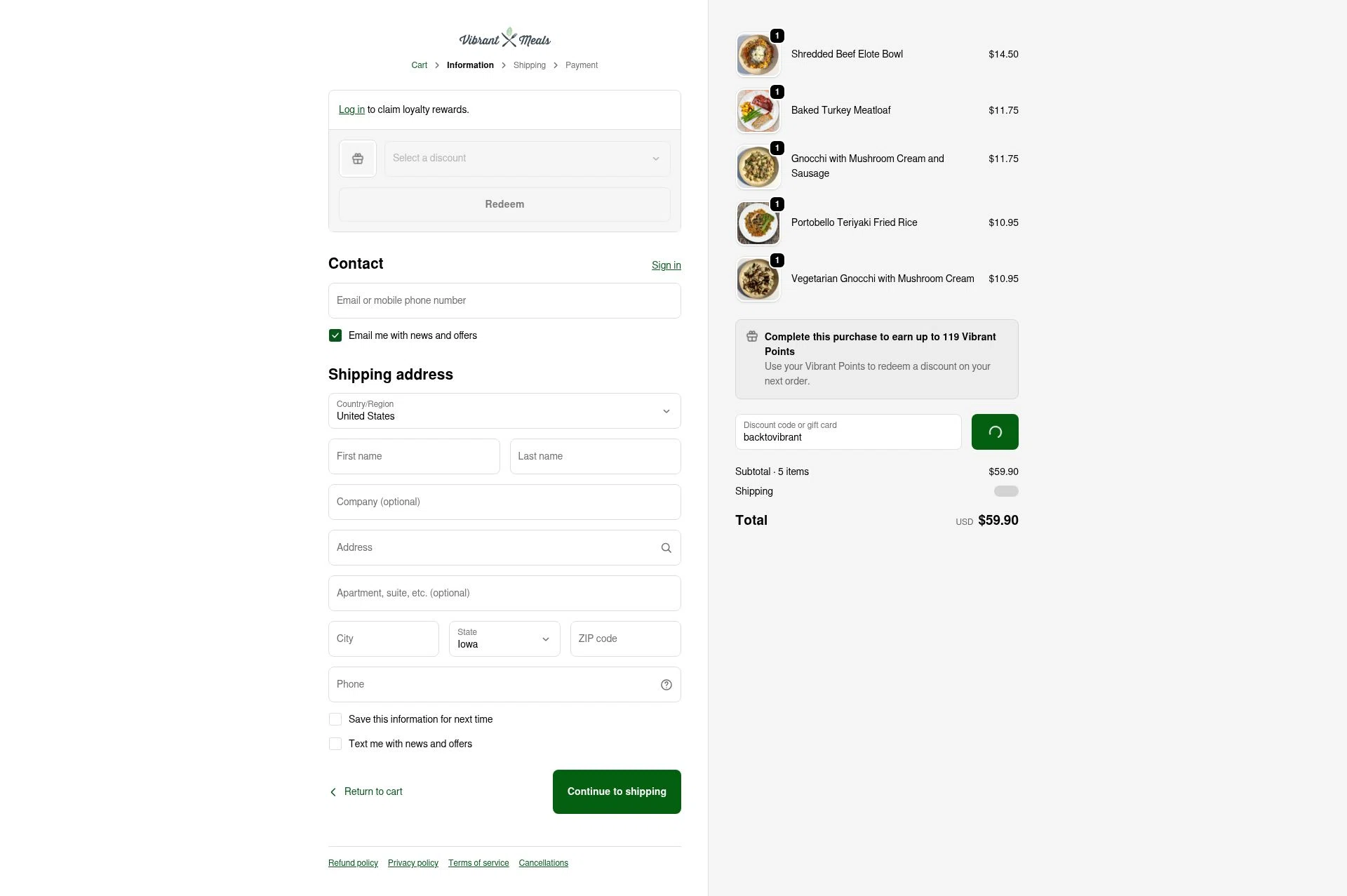 Vibrant Meals checkout page showing Vibrant Meals discount code box | Screenshot taken by SimplyCodes community member on Feb 1, 2026