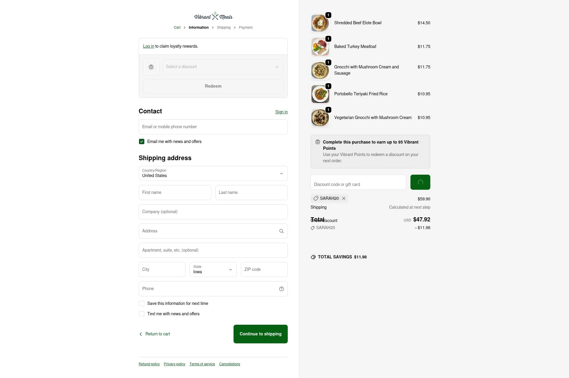 Vibrant Meals checkout page showing Vibrant Meals discount code box | Screenshot taken by SimplyCodes community member on Feb 5, 2026