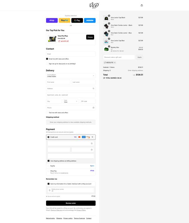 Vice Golf checkout page showing Vice Golf promo code box | Screenshot taken by SimplyCodes community member on Sep 8, 2025