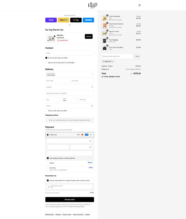 Vice Golf checkout page showing Vice Golf promo code box | Screenshot taken by SimplyCodes community member on Sep 14, 2025