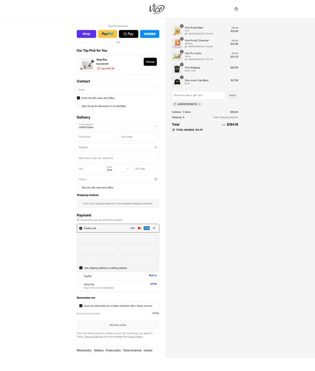 Vice Golf checkout page showing Vice Golf promo code box | Screenshot taken by SimplyCodes community member on Sep 14, 2025
