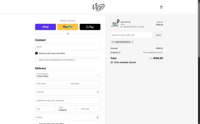 Vice Golf checkout page showing Vice Golf promo code box | Screenshot taken by SimplyCodes community member on Sep 14, 2025