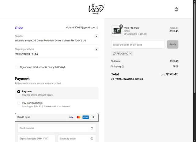 Vice Golf checkout page showing Vice Golf promo code box | Screenshot taken by SimplyCodes community member on Sep 13, 2025