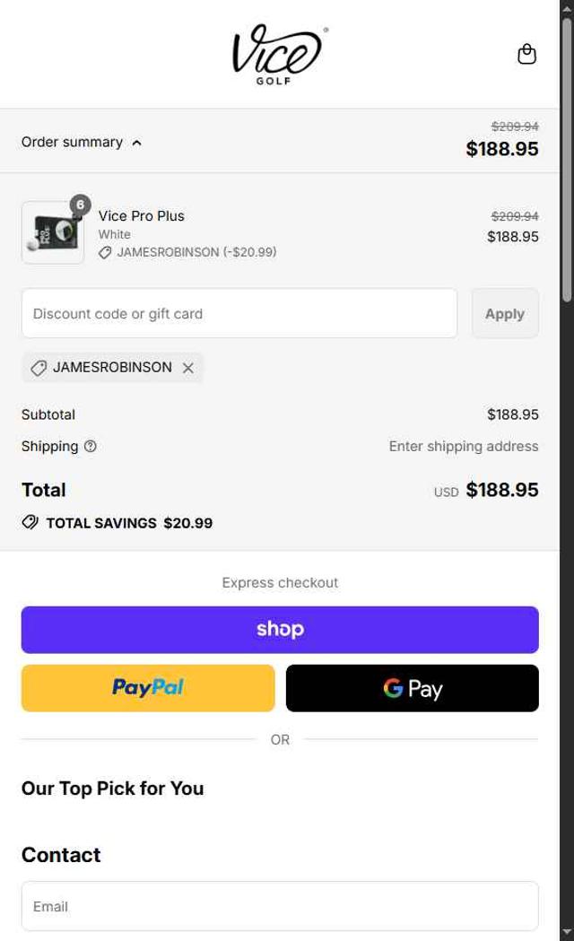 Vice Golf checkout page showing Vice Golf promo code box | Screenshot taken by SimplyCodes community member on Sep 10, 2025