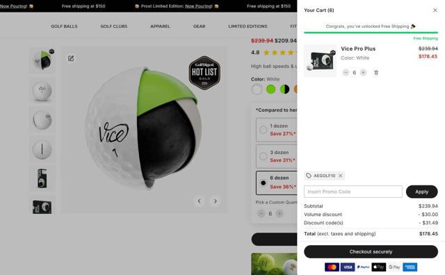 Vice Golf checkout page showing Vice Golf promo code box | Screenshot taken by SimplyCodes community member on Sep 10, 2025