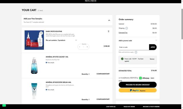 Vichy checkout page showing Vichy promo code box | Screenshot taken by SimplyCodes community member on Aug 16, 2025