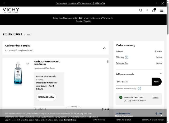 Vichy checkout page showing Vichy promo code box | Screenshot taken by SimplyCodes community member on Sep 6, 2025