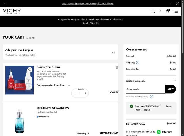 Vichy checkout page showing Vichy promo code box | Screenshot taken by SimplyCodes community member on Sep 12, 2025