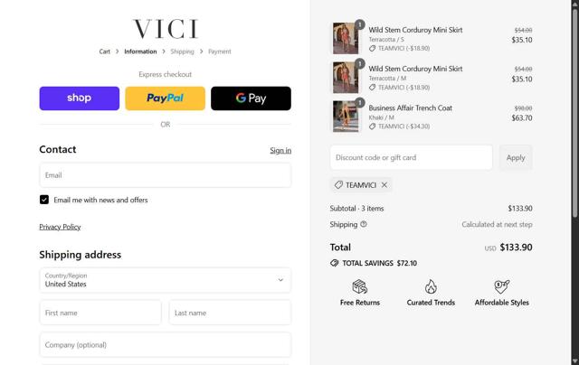 Vici checkout page showing Vici coupon code box | Screenshot taken by SimplyCodes community member on Sep 14, 2025