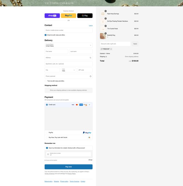 Victoria Emerson checkout page showing Victoria Emerson discount code box | Screenshot taken by SimplyCodes community member on Aug 1, 2025