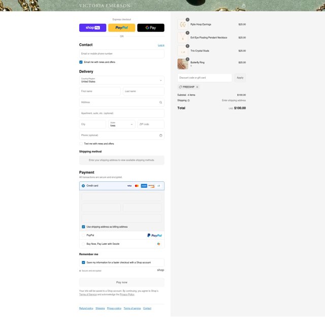 Victoria Emerson checkout page showing Victoria Emerson discount code box | Screenshot taken by SimplyCodes community member on Jul 27, 2025
