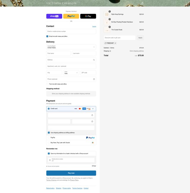 Victoria Emerson checkout page showing Victoria Emerson discount code box | Screenshot taken by SimplyCodes community member on Aug 5, 2025
