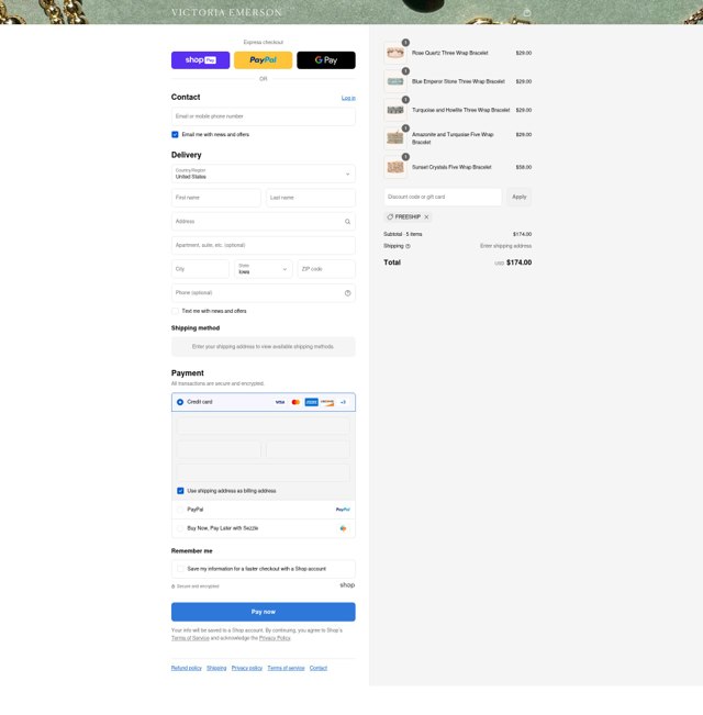 Victoria Emerson checkout page showing Victoria Emerson discount code box | Screenshot taken by SimplyCodes community member on Aug 17, 2025