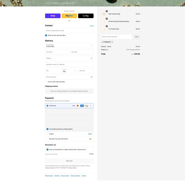 Victoria Emerson checkout page showing Victoria Emerson discount code box | Screenshot taken by SimplyCodes community member on Aug 13, 2025