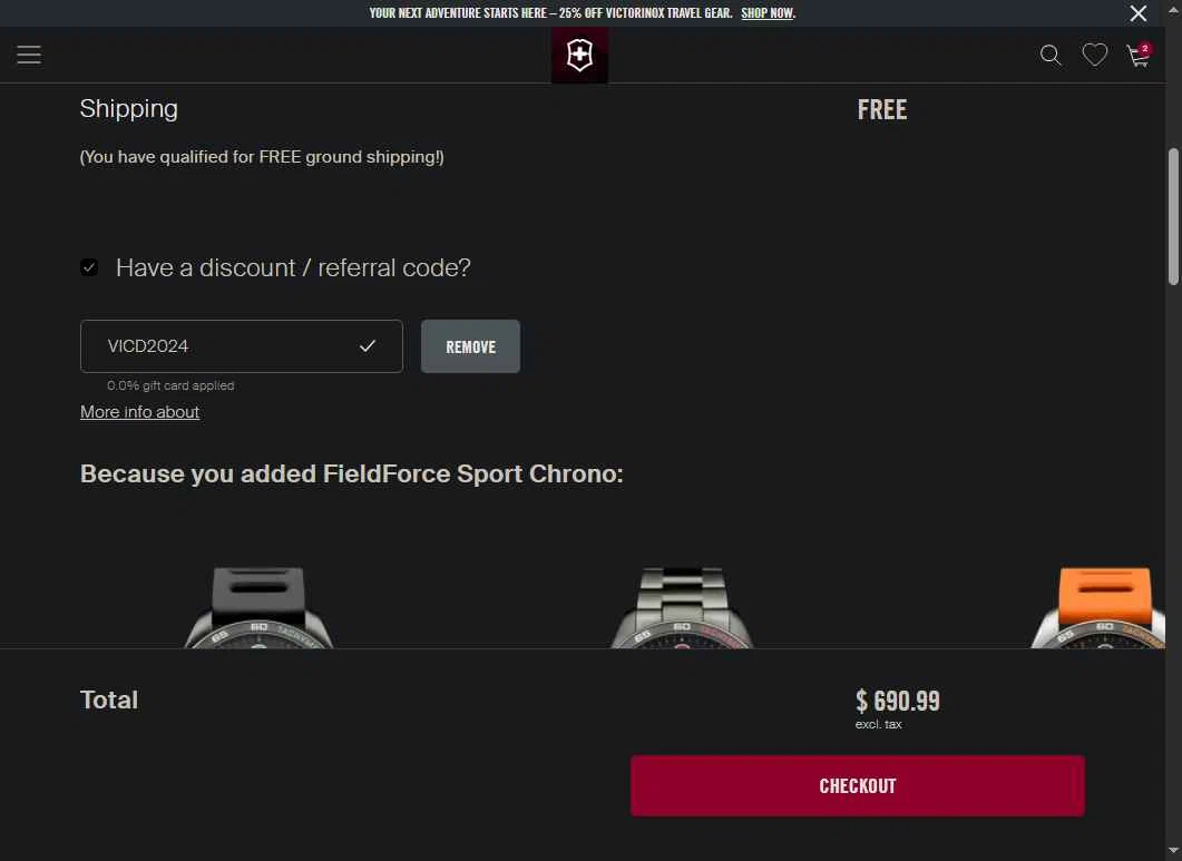 Victorinox checkout page showing Victorinox coupon code box | Screenshot taken by SimplyCodes community member on Dec 23, 2025