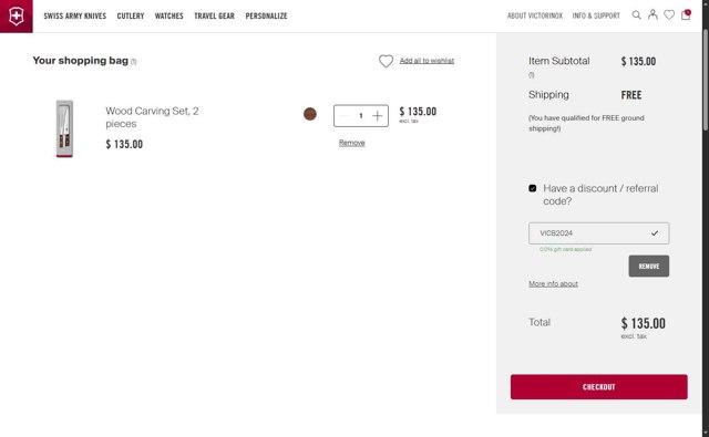 Victorinox checkout page showing Victorinox coupon code box | Screenshot taken by SimplyCodes community member on Jun 1, 2025