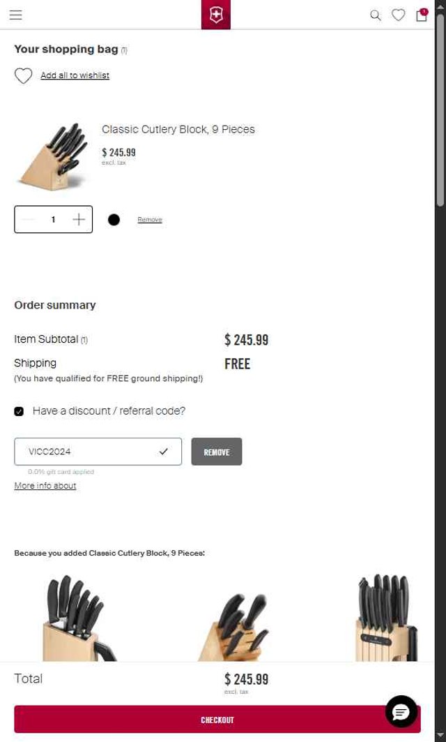 Victorinox checkout page showing Victorinox coupon code box | Screenshot taken by SimplyCodes community member on Sep 5, 2025
