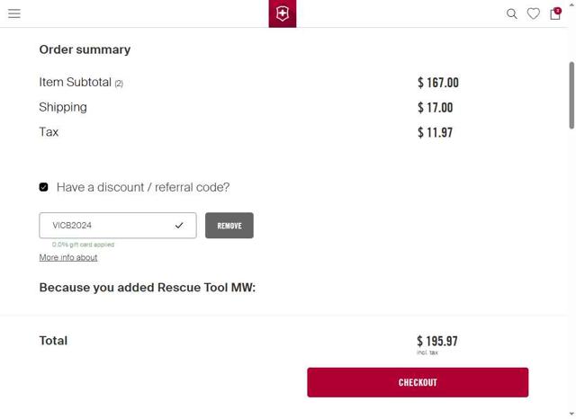 Victorinox checkout page showing Victorinox coupon code box | Screenshot taken by SimplyCodes community member on Oct 1, 2025