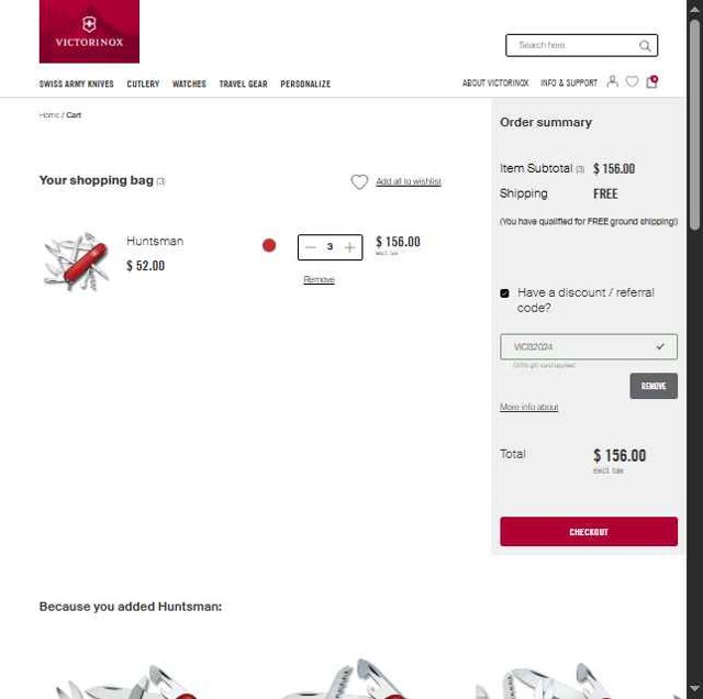 Victorinox checkout page showing Victorinox coupon code box | Screenshot taken by SimplyCodes community member on Jun 1, 2025