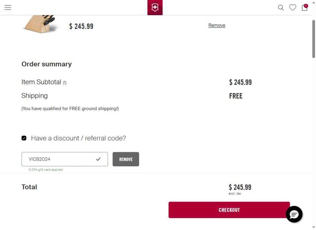 Victorinox checkout page showing Victorinox coupon code box | Screenshot taken by SimplyCodes community member on Aug 6, 2025