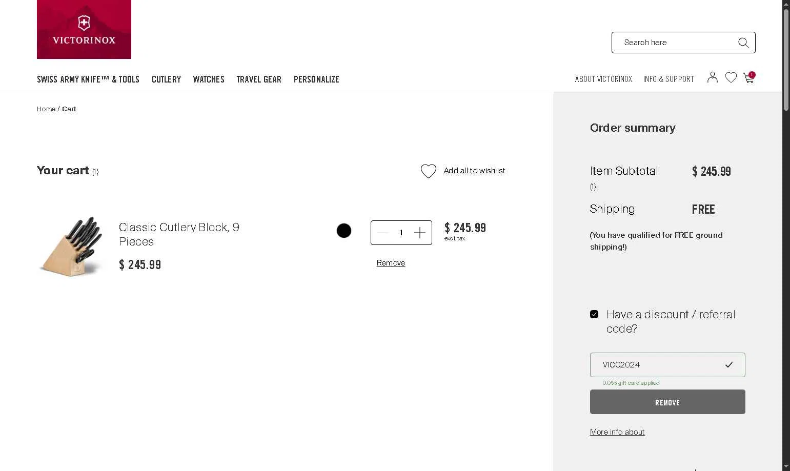 Victorinox checkout page showing Victorinox coupon code box | Screenshot taken by SimplyCodes community member on Nov 20, 2025