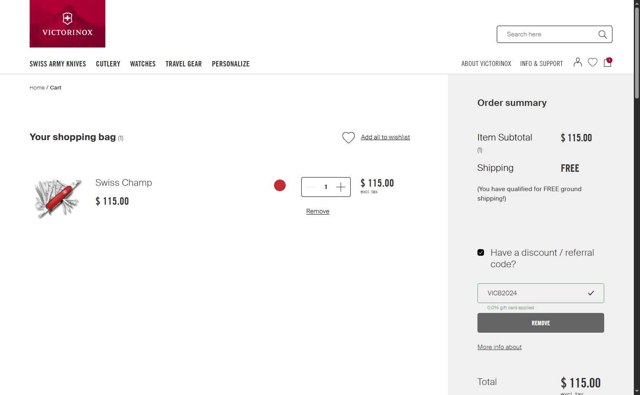 Victorinox checkout page showing Victorinox coupon code box | Screenshot taken by SimplyCodes community member on Jun 30, 2025