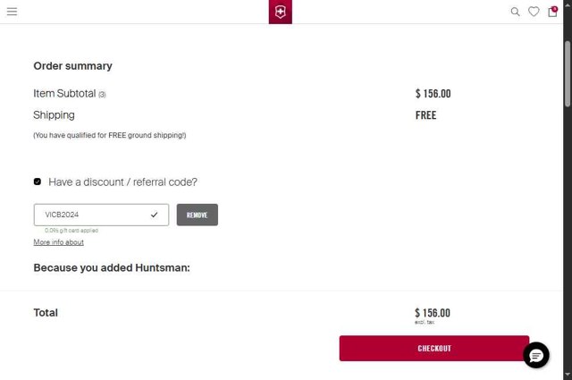 Victorinox checkout page showing Victorinox coupon code box | Screenshot taken by SimplyCodes community member on Sep 4, 2025