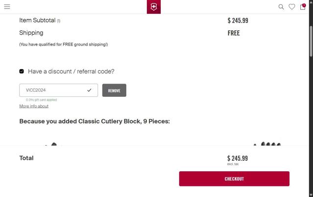 Victorinox checkout page showing Victorinox coupon code box | Screenshot taken by SimplyCodes community member on Sep 13, 2025