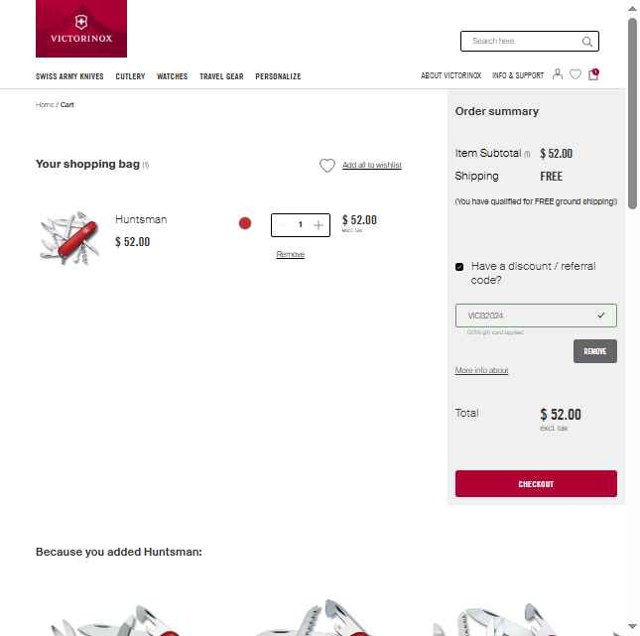 Victorinox checkout page showing Victorinox coupon code box | Screenshot taken by SimplyCodes community member on Jun 1, 2025