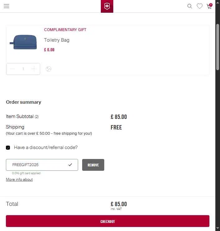 Victorinox checkout page showing Victorinox coupon code box | Screenshot taken by SimplyCodes community member on Dec 5, 2025
