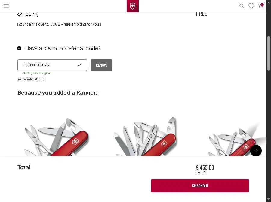 Victorinox checkout page showing Victorinox coupon code box | Screenshot taken by SimplyCodes community member on Dec 16, 2025