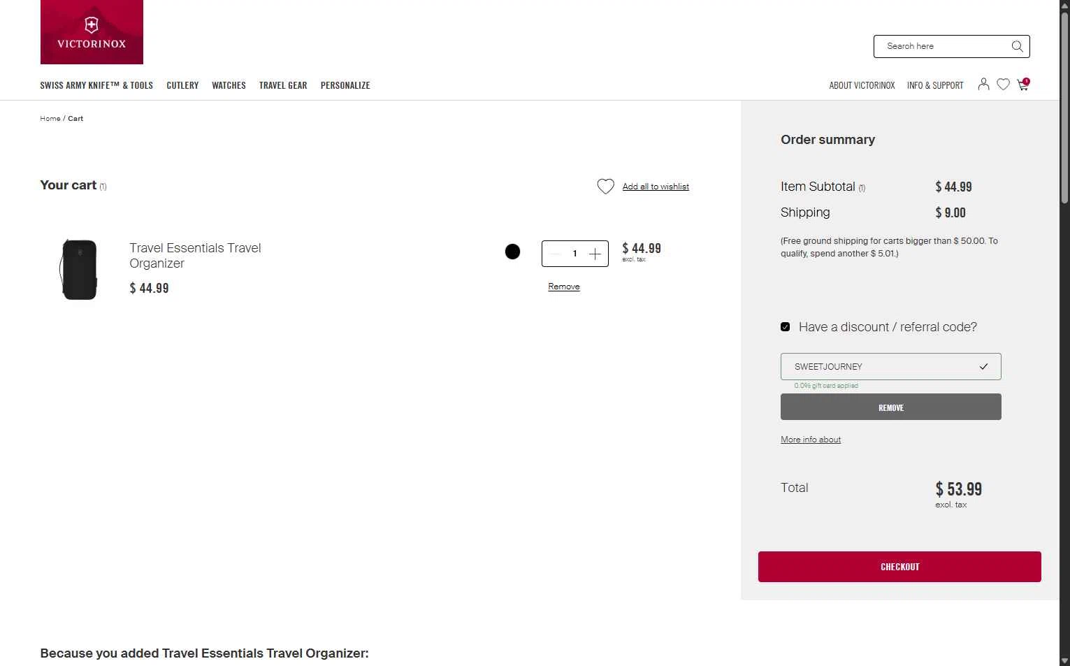 Victorinox checkout page showing Victorinox coupon code box | Screenshot taken by SimplyCodes community member on Dec 28, 2025