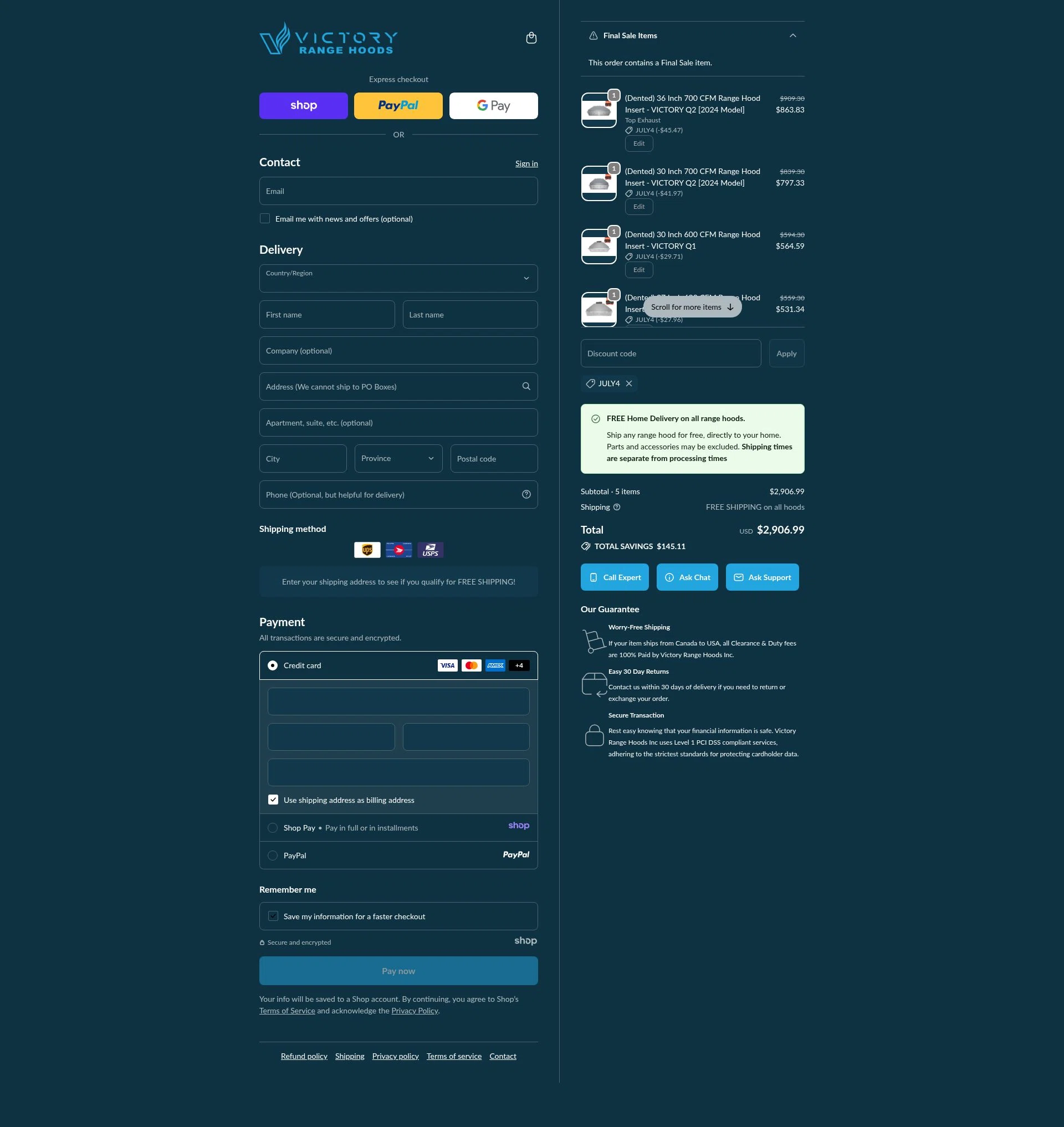 Victory Range Hoods checkout page showing Victory Range Hoods discount code box | Screenshot taken by SimplyCodes community member on Dec 30, 2025