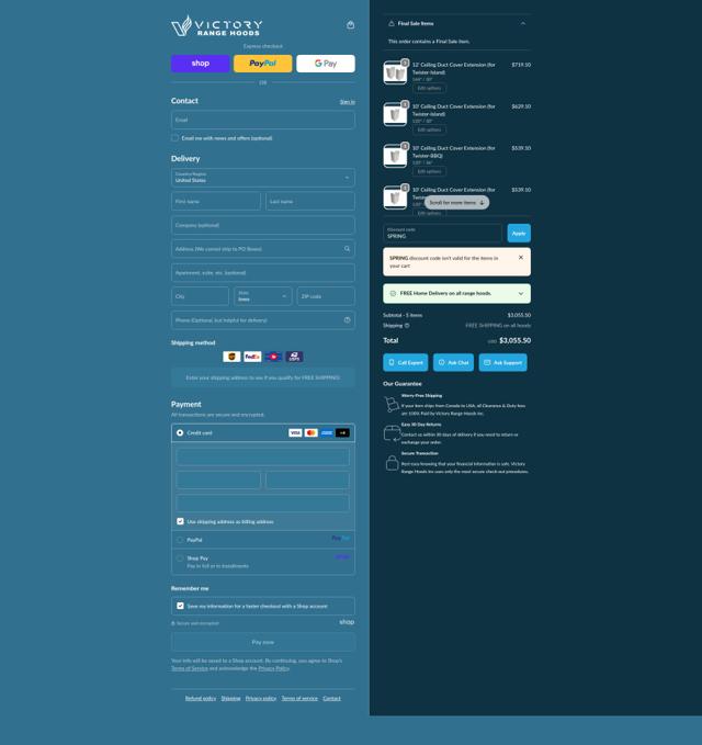 Victory Range Hoods checkout page showing Victory Range Hoods discount code box | Screenshot taken by SimplyCodes community member on Oct 1, 2025
