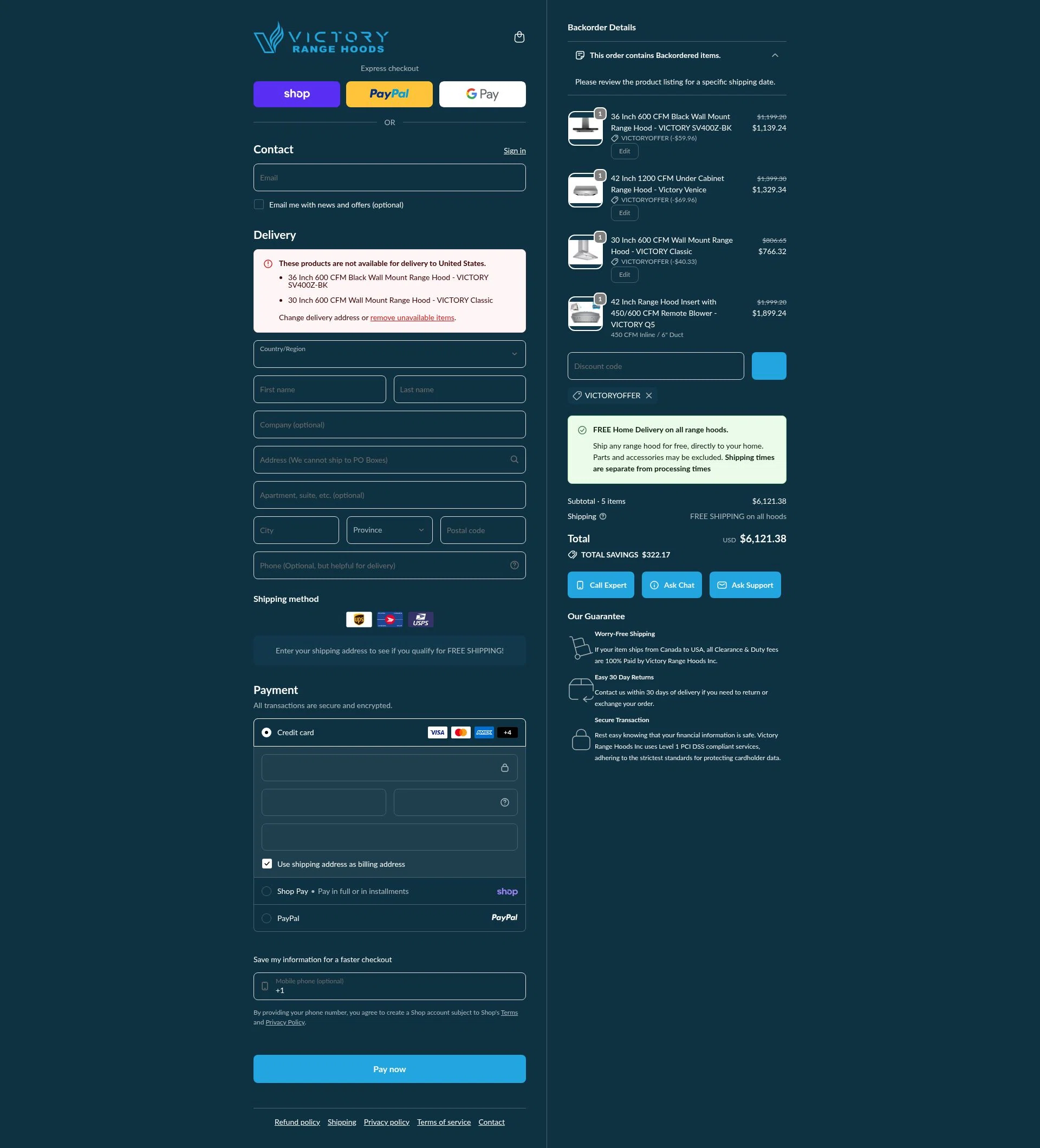 Victory Range Hoods checkout page showing Victory Range Hoods discount code box | Screenshot taken by SimplyCodes community member on Feb 15, 2026