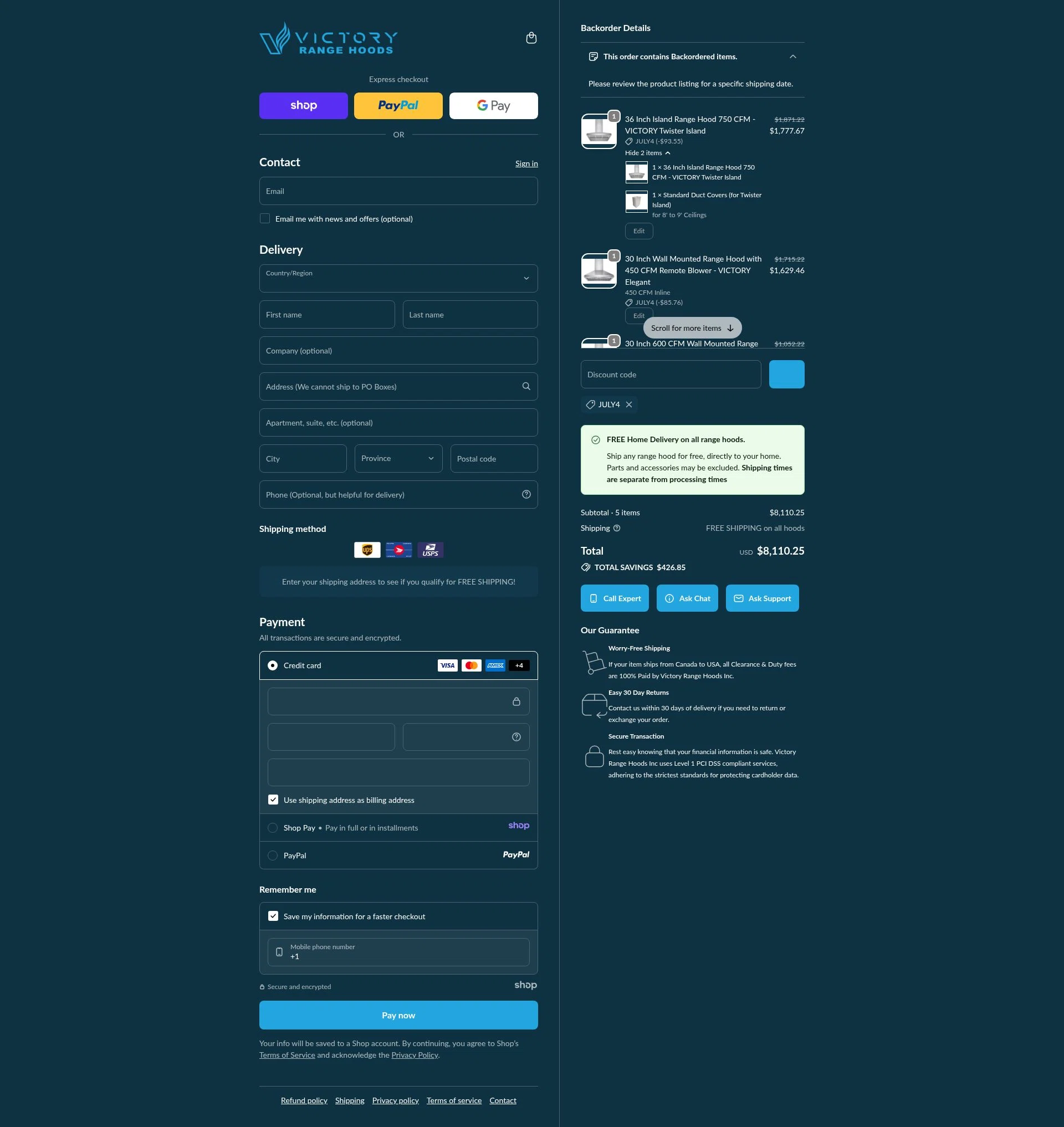 Victory Range Hoods checkout page showing Victory Range Hoods discount code box | Screenshot taken by SimplyCodes community member on Dec 20, 2025